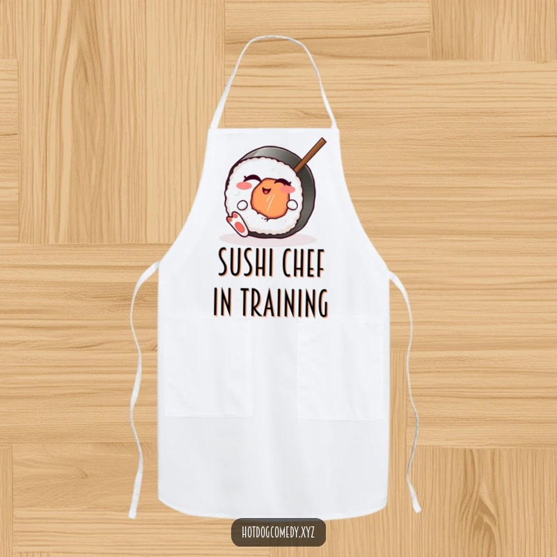 Funny winking sushi roll with little feet wiggling a chopstick while wearing an apron, great for a funny gift.