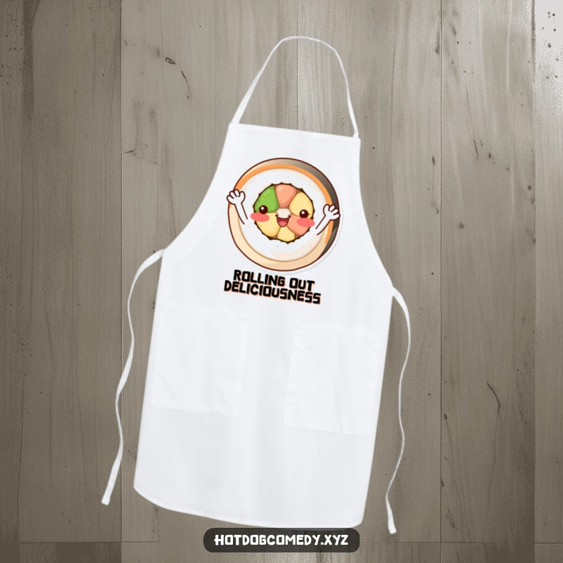 Funny cheerful, circular sushi roll with tiny arms waving happily while wearing a practical kitchen apron.
