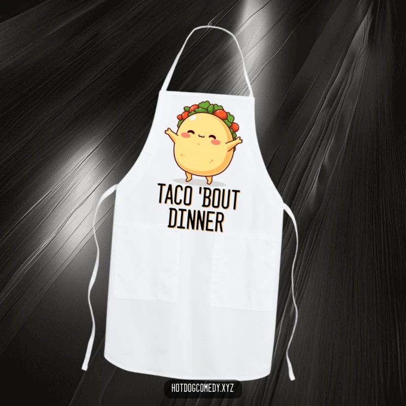 Funny Apron: A plump, blushing taco character performs a delightful jig, adding humor to any cooking adventure.