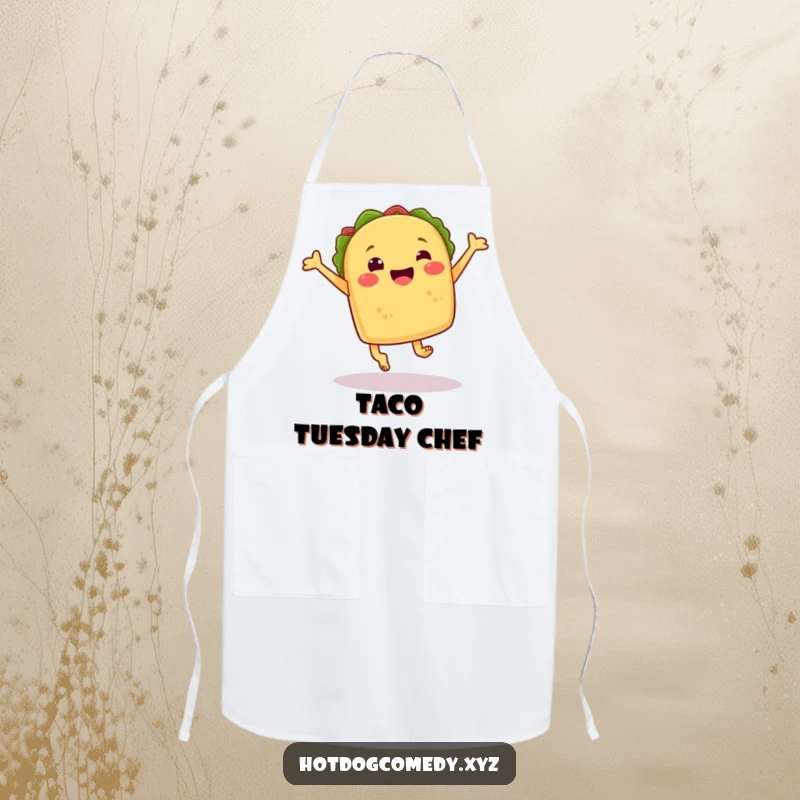 Funny cheerful taco with little feet performing a joyful leap while wearing an apron, great for a funny gift.