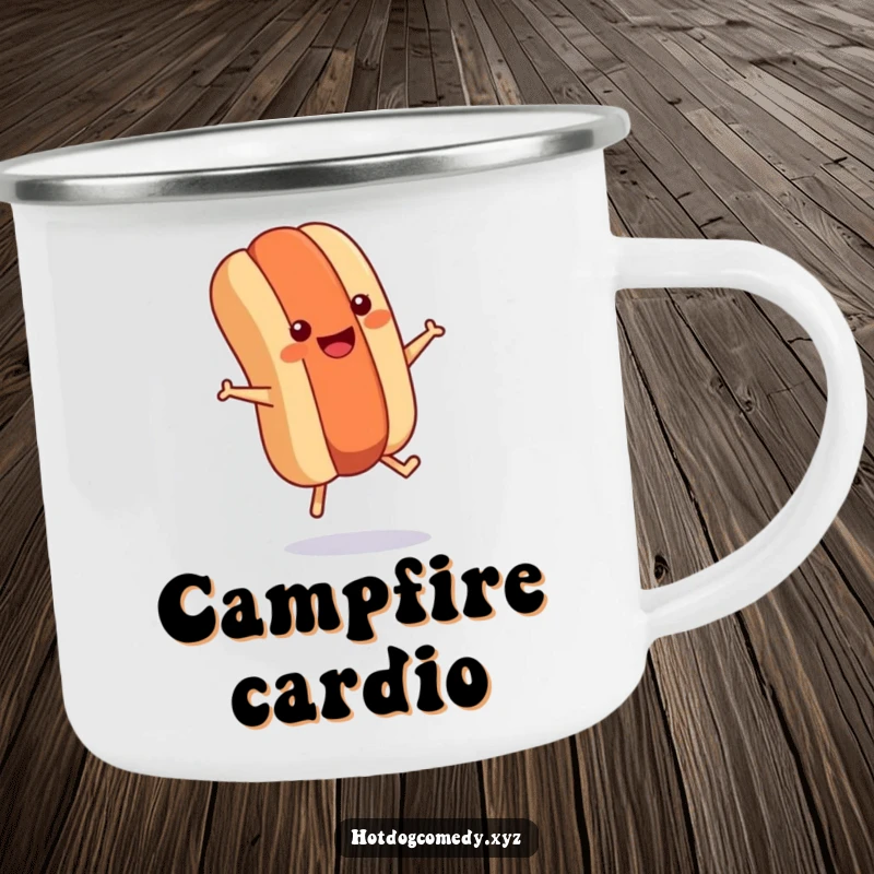 Funny hot dog jumping rope on an enamel camping mug, for energetic outdoor adventures and humorous breaks.