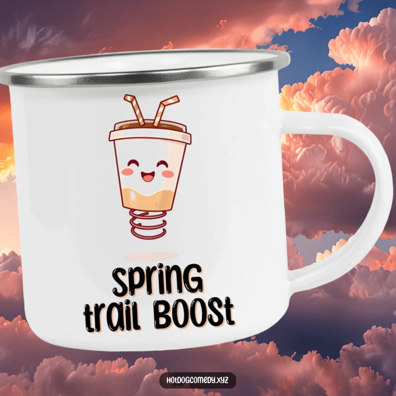 Funny happy coffee cup with a straw bouncing on a spring on a durable camping mug, ready for outdoor fun, ideal for a funny gift.