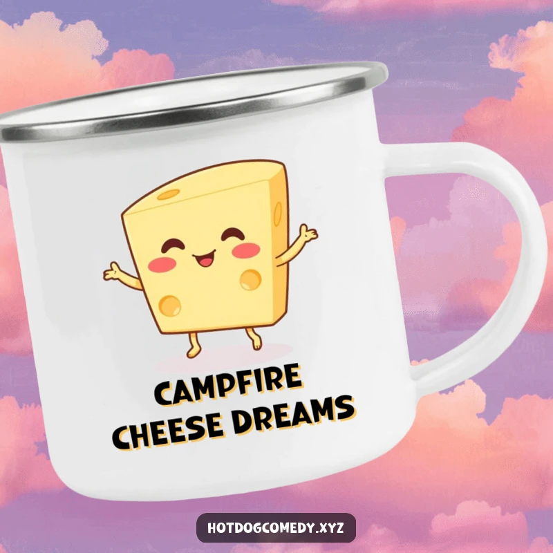 Funny Camping Mug: A happy, wiggling piece of cheese with small feet dances, ready for your favorite beverage outdoors.