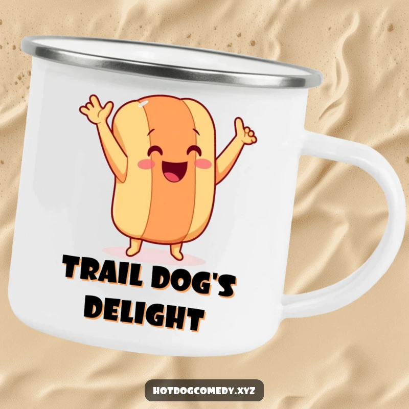 Funny dancing hot dog with tiny legs, arms up, on a durable camping mug, ready for adventure, ideal for a funny gift.