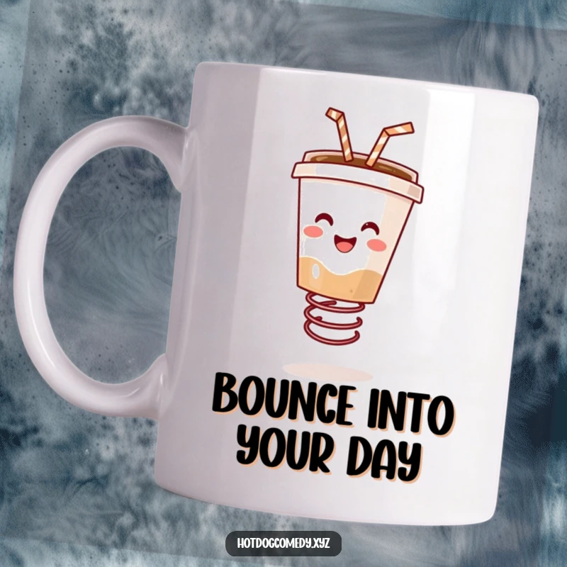 Funny happy coffee cup with a straw bouncing energetically on a spring, full of joy, depicted on a mug, ideal for a funny gift.