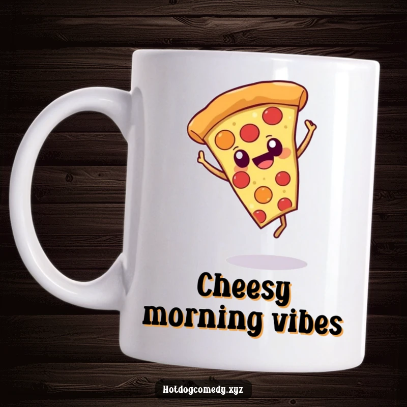 Funny cheerful slice of pizza with eyes doing a playful cartwheel on a coffee mug, symbolizing joy and humor.