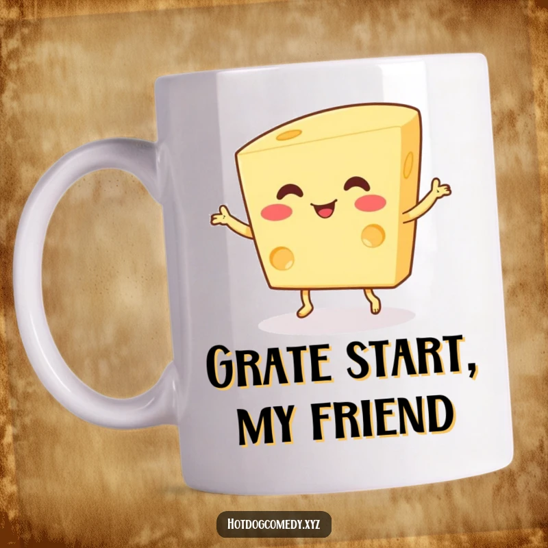 Funny Mug: A happy, wiggling piece of cheese with small feet cheerfully does a tiny dance, full of dairy delight.