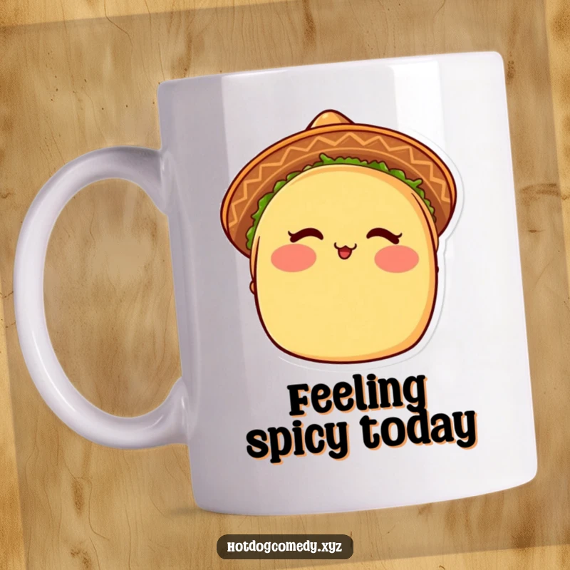 Funny Taco Mug: A blushing taco in a tiny sombrero winks playfully, perfect for taco lovers and foodies.