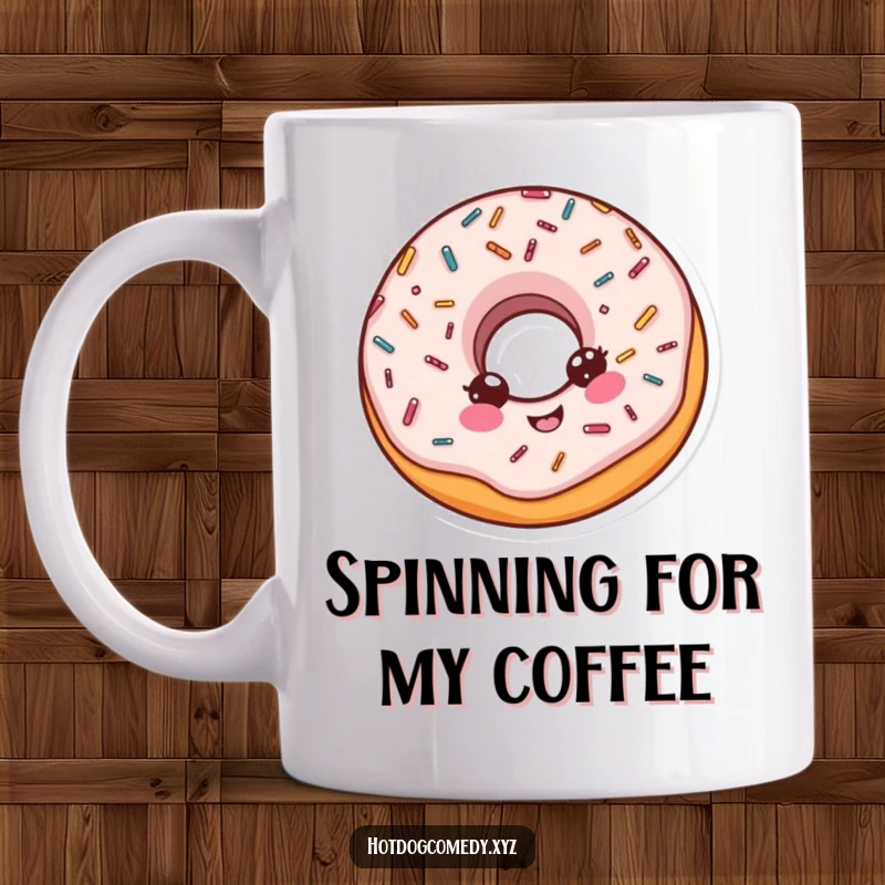 Funny delighted donut with sprinkles doing a little spin, full of joy, depicted on a mug, ideal for a funny gift.