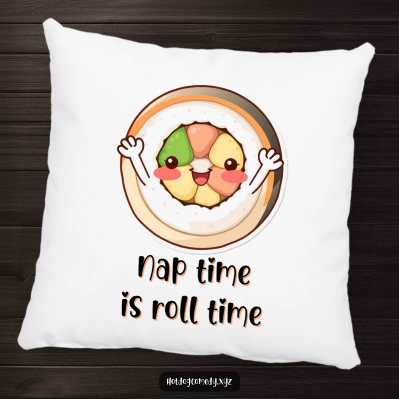 Funny cheerful, circular sushi roll with tiny arms waving happily on a soft, decorative pillow.