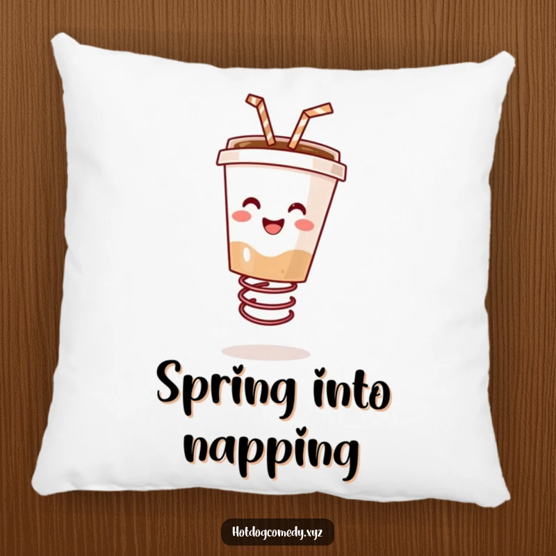 Funny happy coffee cup with a straw bouncing on a soft pillow, bringing comfort and energy, perfect for a funny gift.