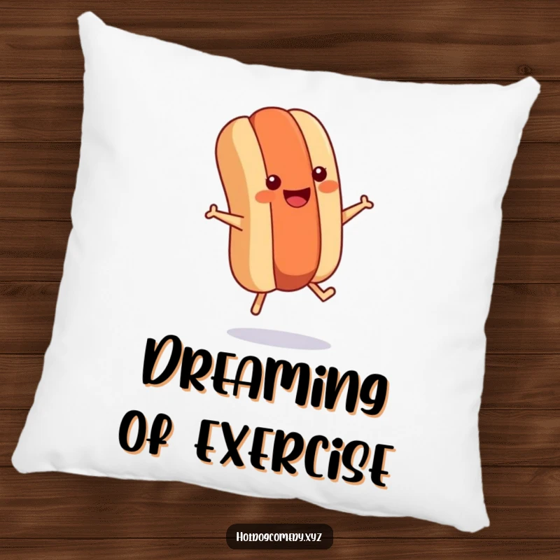 Soft pillow featuring a funny, smiling hot dog with tiny legs jumping rope, perfect for adding energetic humor to any room.
