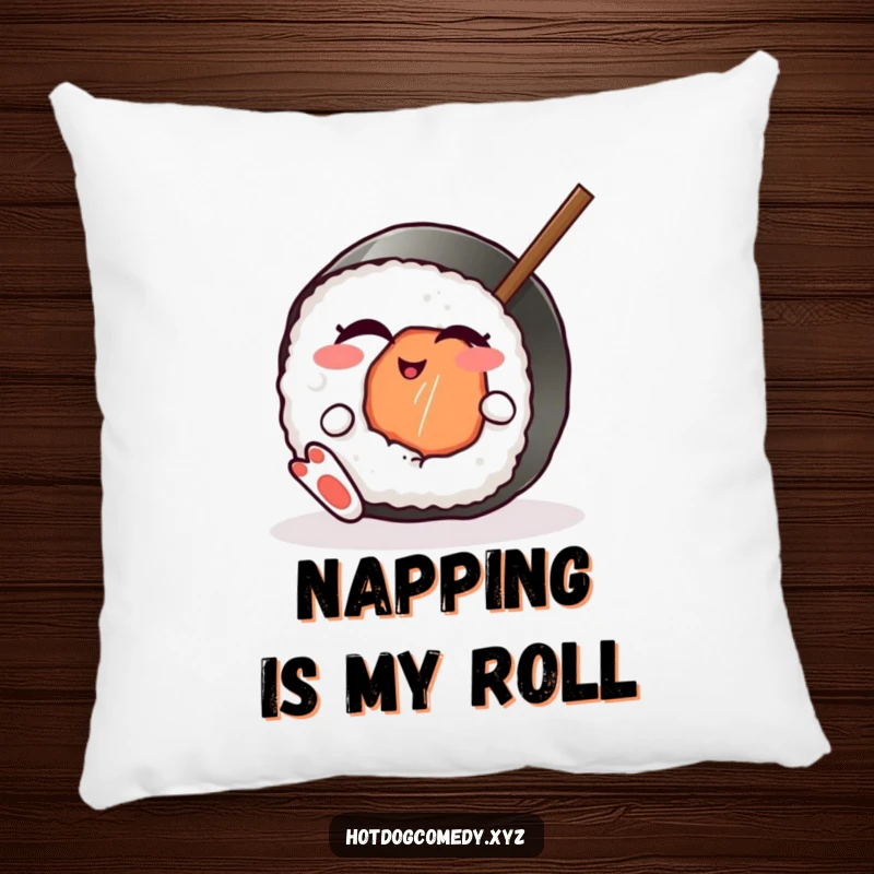 Funny winking sushi roll with feet mid-wiggle on a soft pillow, bringing comfort and charm, perfect for a funny gift.