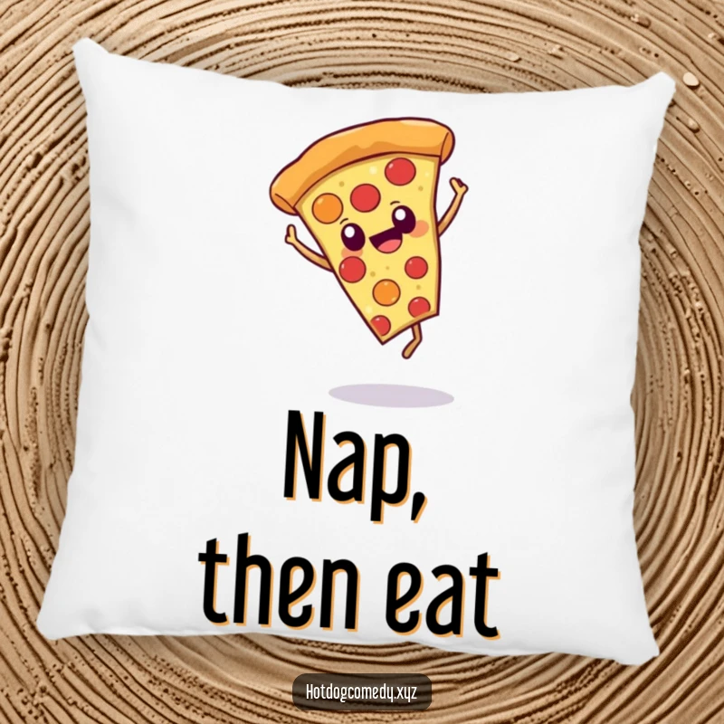 Soft pillow featuring a funny, cheerful pizza slice with eyes doing a cartwheel, perfect for adding playful humor to any room.