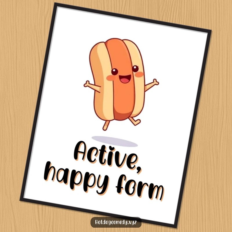 Funny smiling hot dog with tiny legs jumping rope energetically as a digital art print, ready for playful fitness decor.
