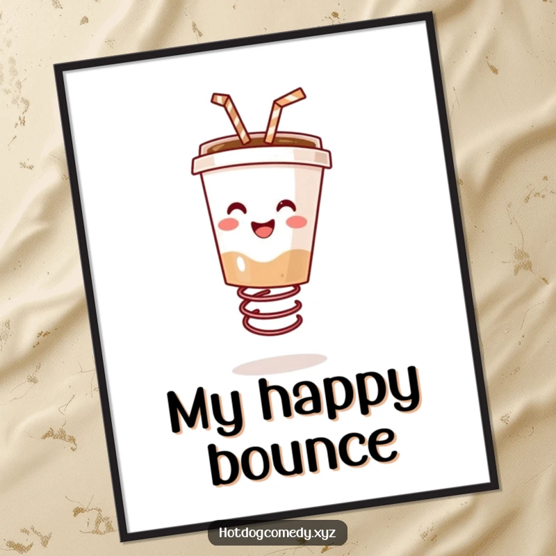 Funny happy coffee cup with a straw bouncing energetically on a spring, as a digital art print, full of fun, ideal for a funny gift.