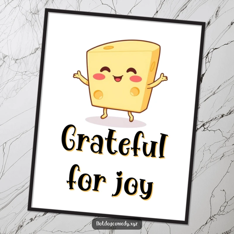 Funny Digital Art Print: A happy, wiggling piece of cheese with small feet does a charming dance, perfect for framing.