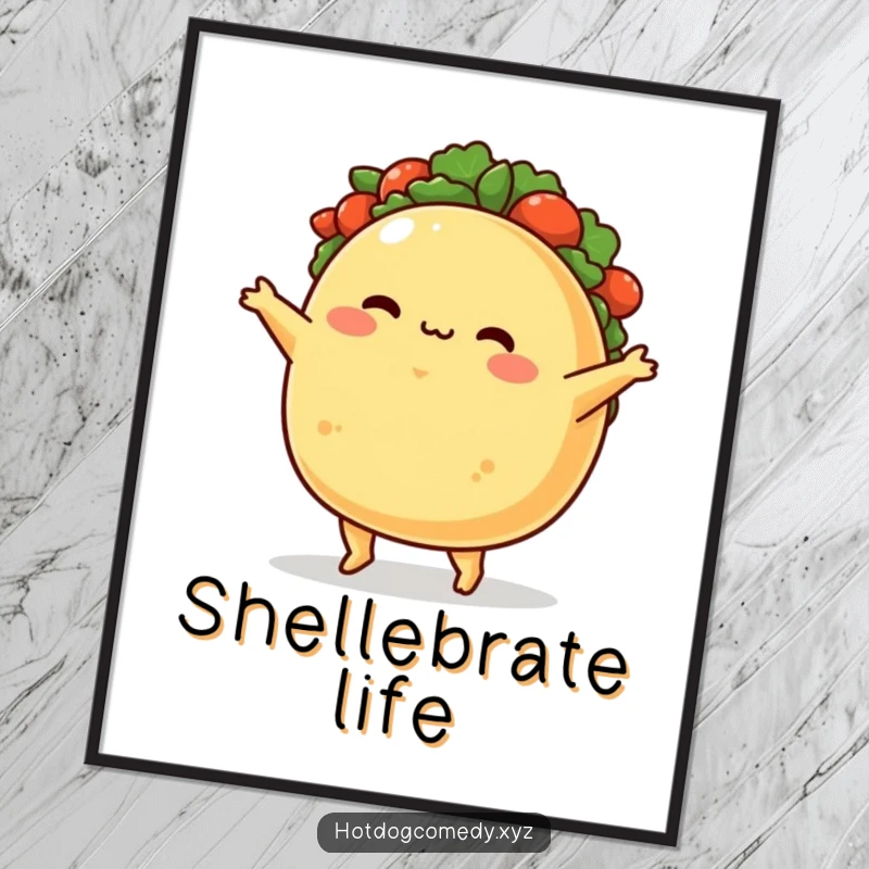 Funny Digital Art Print: A plump, blushing taco character joyfully jigs, perfect for framing and adding humorous decor.