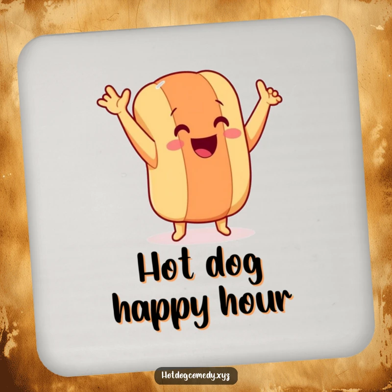 Funny dancing hot dog with tiny legs and arms in the air, featured on a drink coaster, bringing joy, perfect for a funny gift.