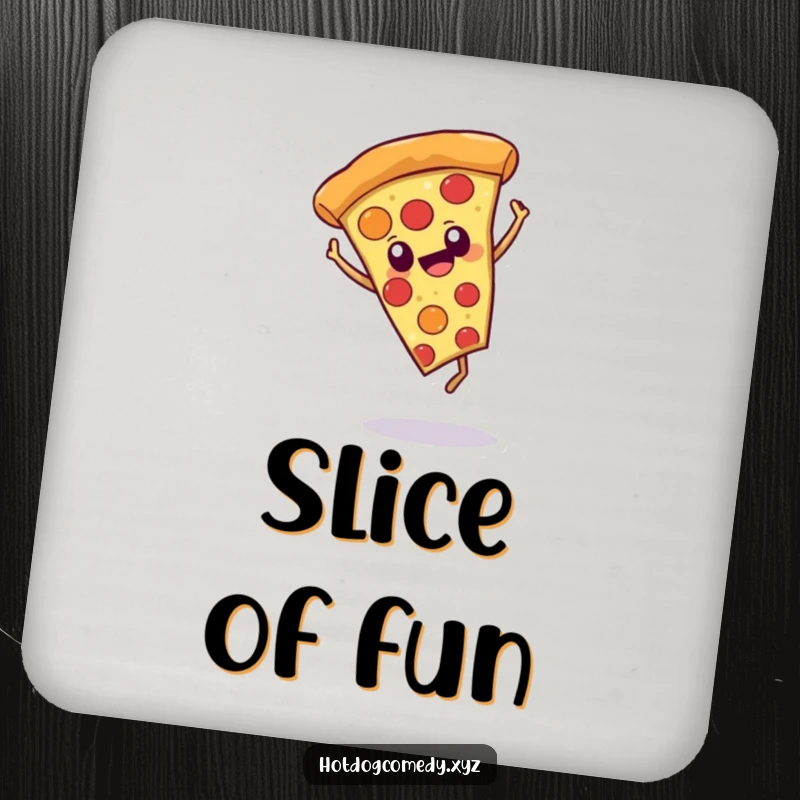 Funny pizza slice doing a cartwheel on a drink coaster, protecting surfaces with cheerful humor and a playful vibe.
