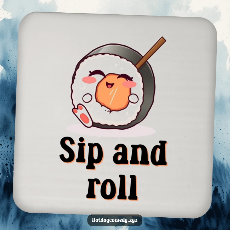 Funny winking sushi roll with feet playfully wiggling a chopstick on a drink coaster, bringing chic vibes, perfect for a funny gift.