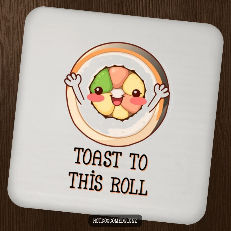 Funny cheerful, circular sushi roll with tiny arms waving happily on a decorative drink coaster.