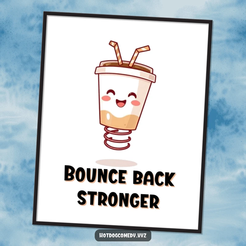 Funny happy coffee cup with a straw bouncing energetically on a spring on a vibrant poster, perfect for a funny gift.