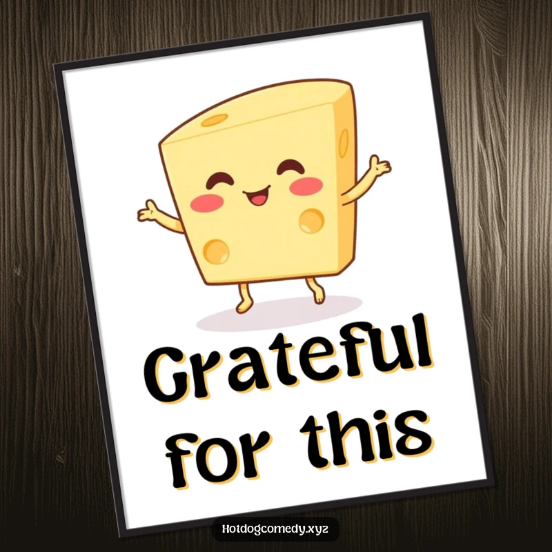 Funny Poster: A happy, wiggling piece of cheese with small feet joyfully dances, creating a whimsical and comical scene.