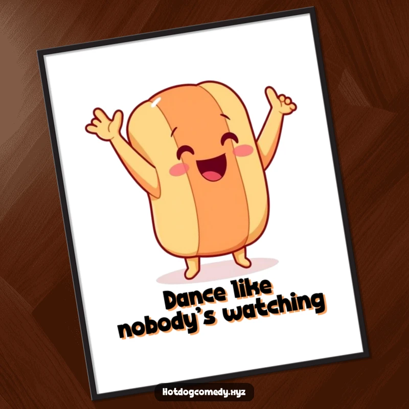 Funny dancing hot dog with tiny legs and arms in the air, depicted on a vibrant poster, ready to bring joy, for a funny gift.