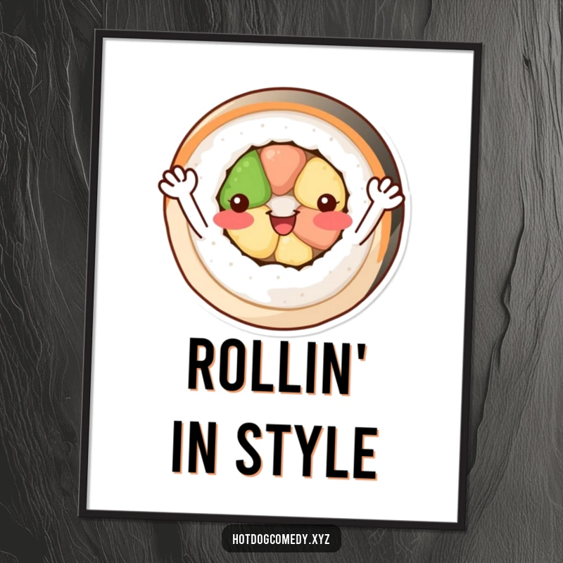 Funny cheerful, circular sushi roll with tiny arms waving happily, displayed as a vibrant wall art print.