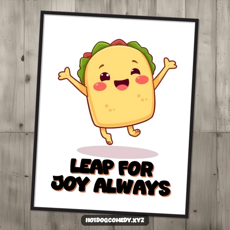 Funny cheerful taco with little feet joyfully leaping on a vibrant poster, perfect for a funny gift.