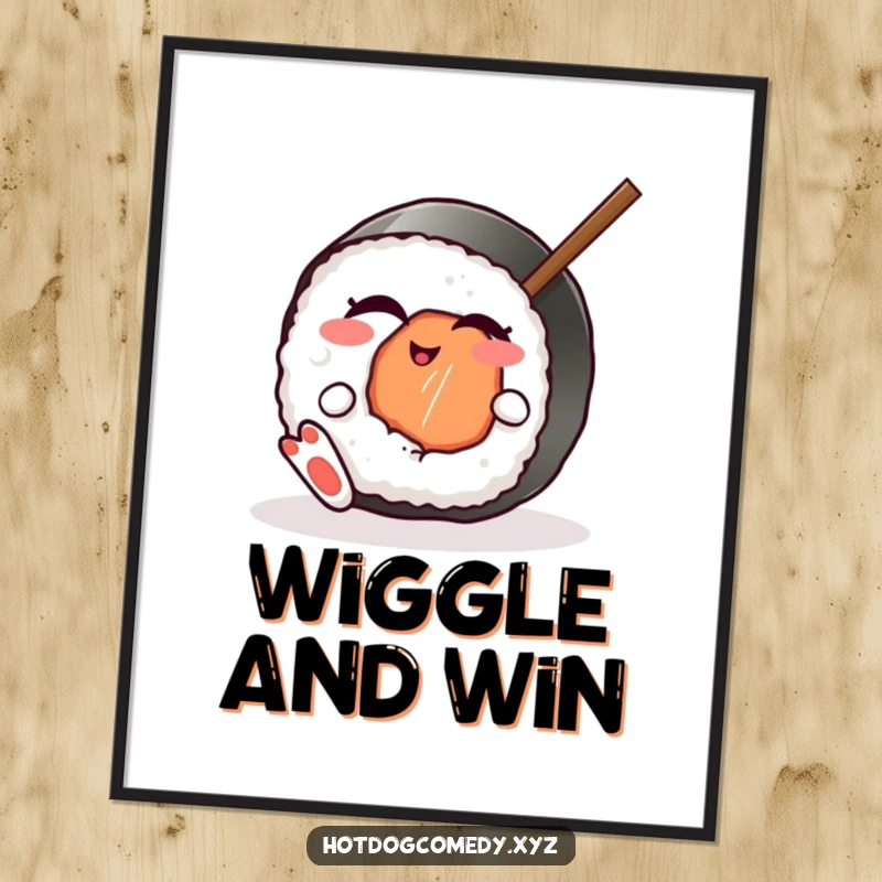 Funny winking sushi roll with feet playfully wiggling a chopstick on a chic poster, perfect for a funny gift.