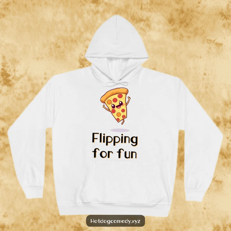 Funny pizza slice with eyes doing a cartwheel, featured on a cozy hoodie for warm, cheerful, and humorous wear.
