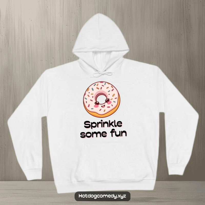 Funny cozy hoodie with a delighted donut with sprinkles doing a little spin, perfect for a funny gift.