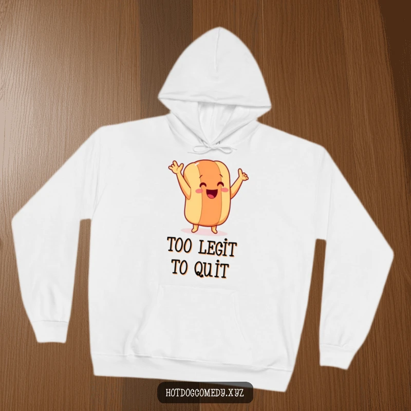 Funny cozy hoodie featuring a smiling hot dog with tiny legs dancing joyfully, a perfect funny gift for chilly days.