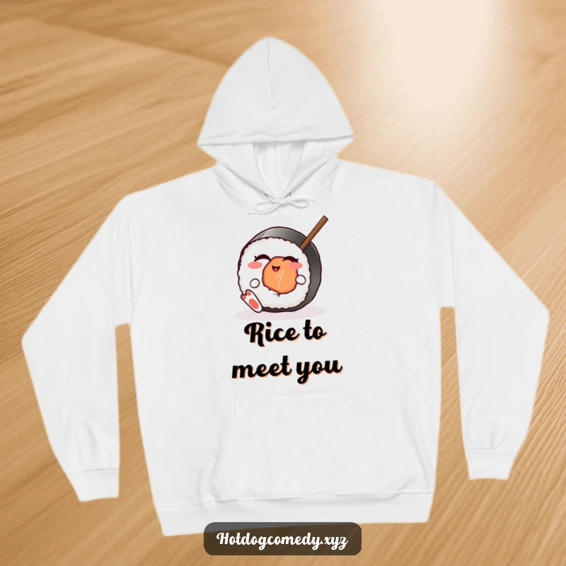 Funny cozy hoodie with a winking sushi roll with feet playfully wiggling a chopstick, perfect for a funny gift.