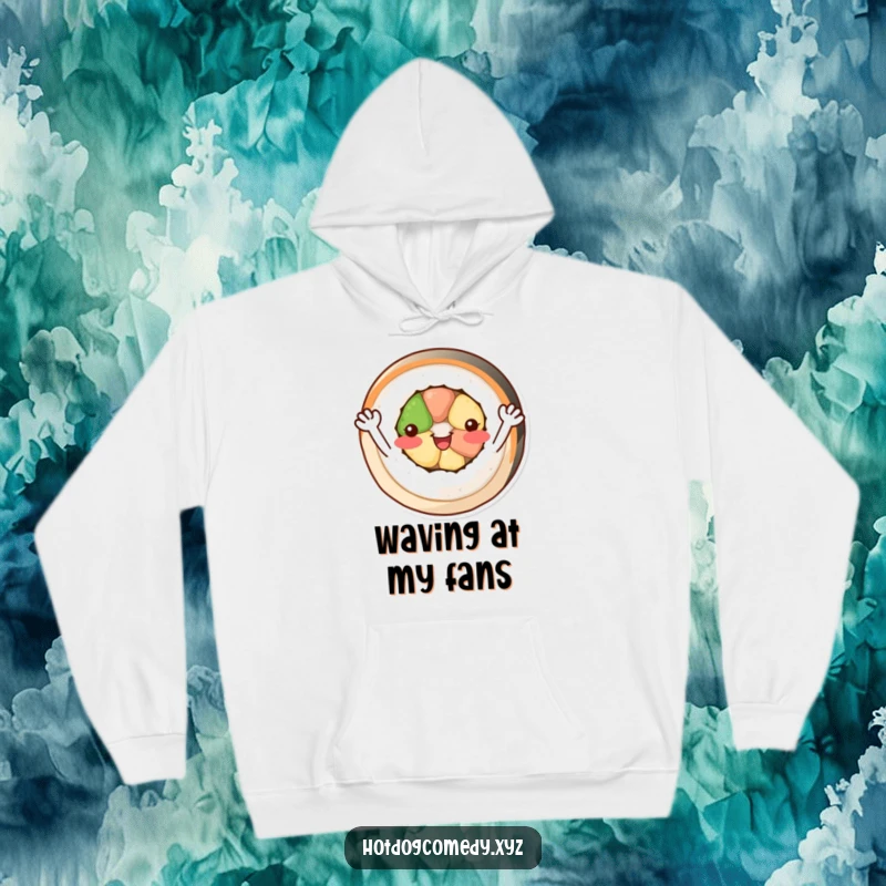 Funny cheerful, circular sushi roll with tiny arms waving happily on a comfortable hooded sweatshirt.
