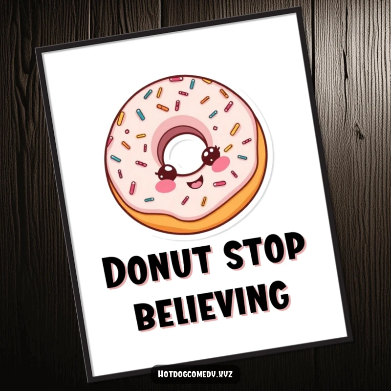 Funny Free Printable Wall Art: An illustration of a delighted donut with colorful sprinkles doing a joyful little spin.
