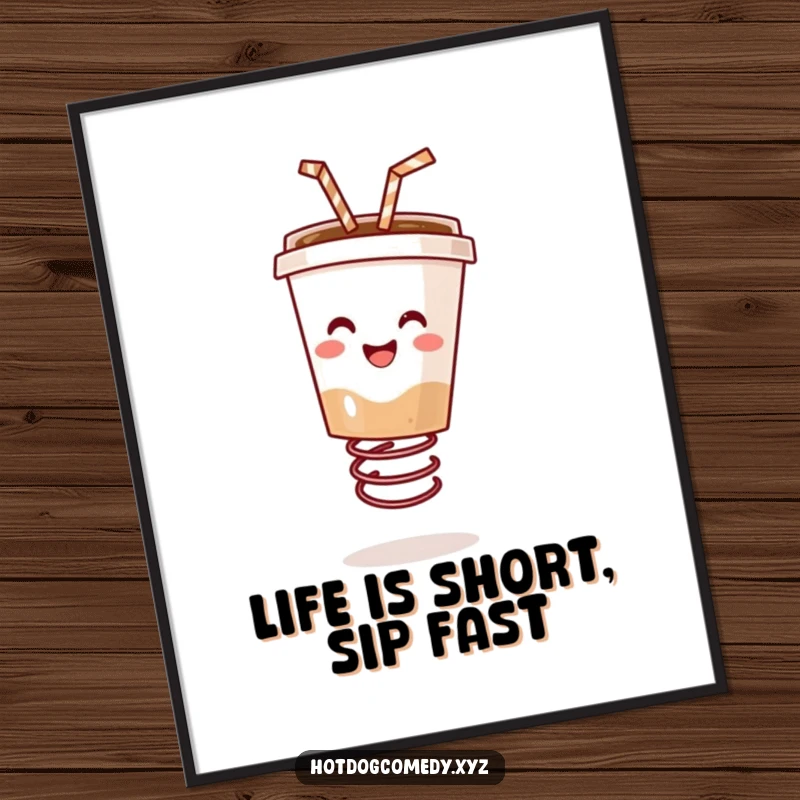 Funny Free Printable Wall Art: An illustration of a happy coffee cup with a straw bouncing with glee on a spring.