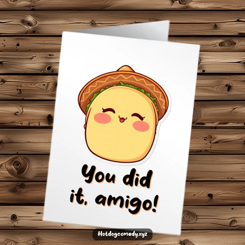 Funny Free Printable Congratulations Card: A blushing taco with a sombrero winks, celebrating your big moment with zest.
