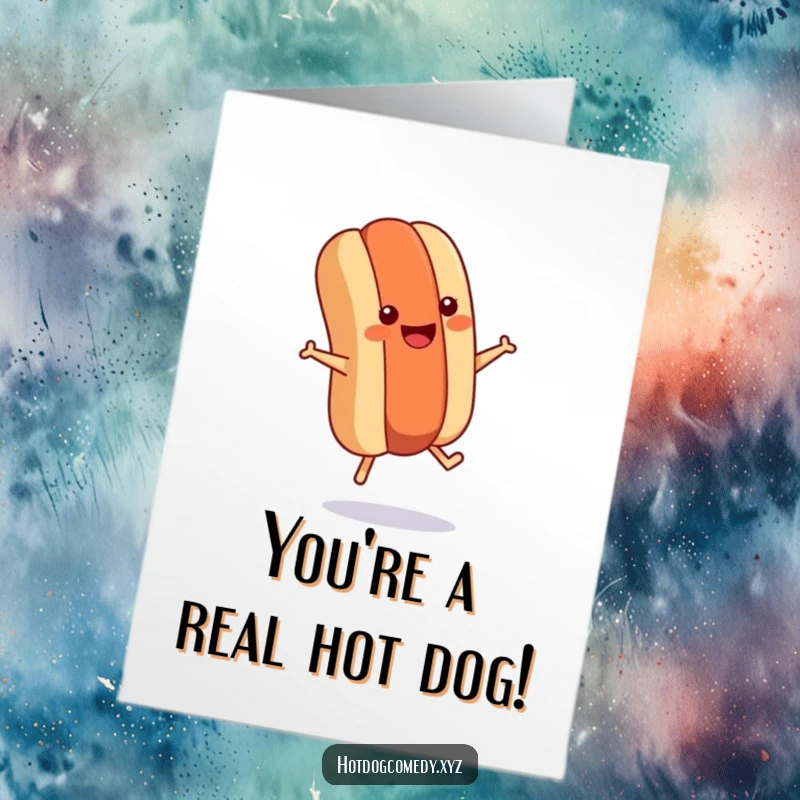 Funny Free Printable Congratulations Card: A smiling hot dog with tiny legs jumps rope, cheering for your amazing achievement.