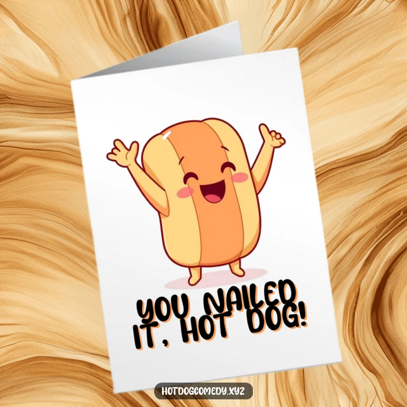 Funny Free Printable Congratulations Card: A smiling hot dog with tiny legs dances enthusiastically, celebrating success.