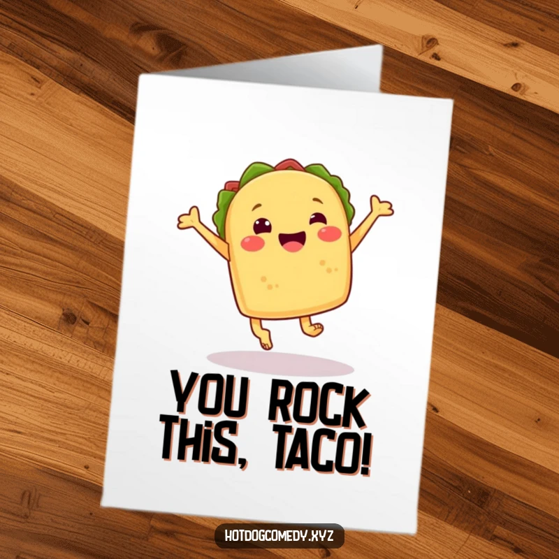 Funny Free Printable Congratulations Card: A happy taco with little feet performing an energetic, joyful leap of success.