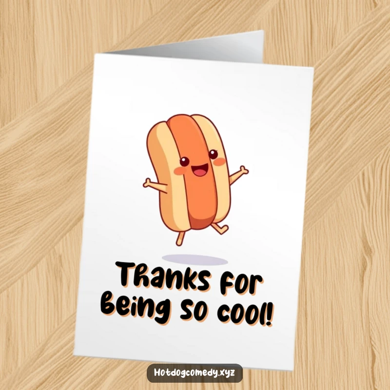 Funny Free Printable Thank You Card: A smiling hot dog with tiny legs jumps rope, expressing thanks with energetic joy.