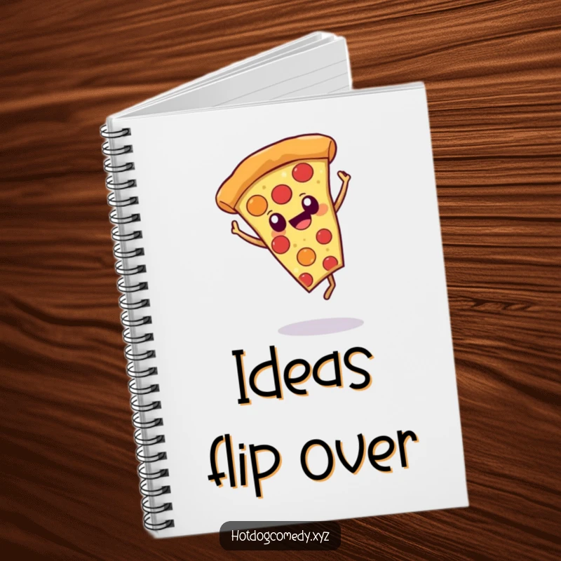 Notebook with a funny, cheerful pizza slice doing a cartwheel on the cover, great for notes and funny gifts.