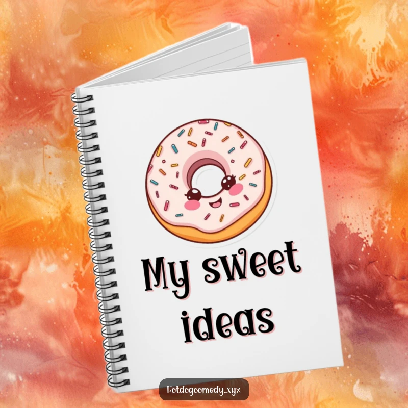 Funny delighted donut with sprinkles doing a little spin on a notebook cover, ready for writing, perfect for a funny gift.