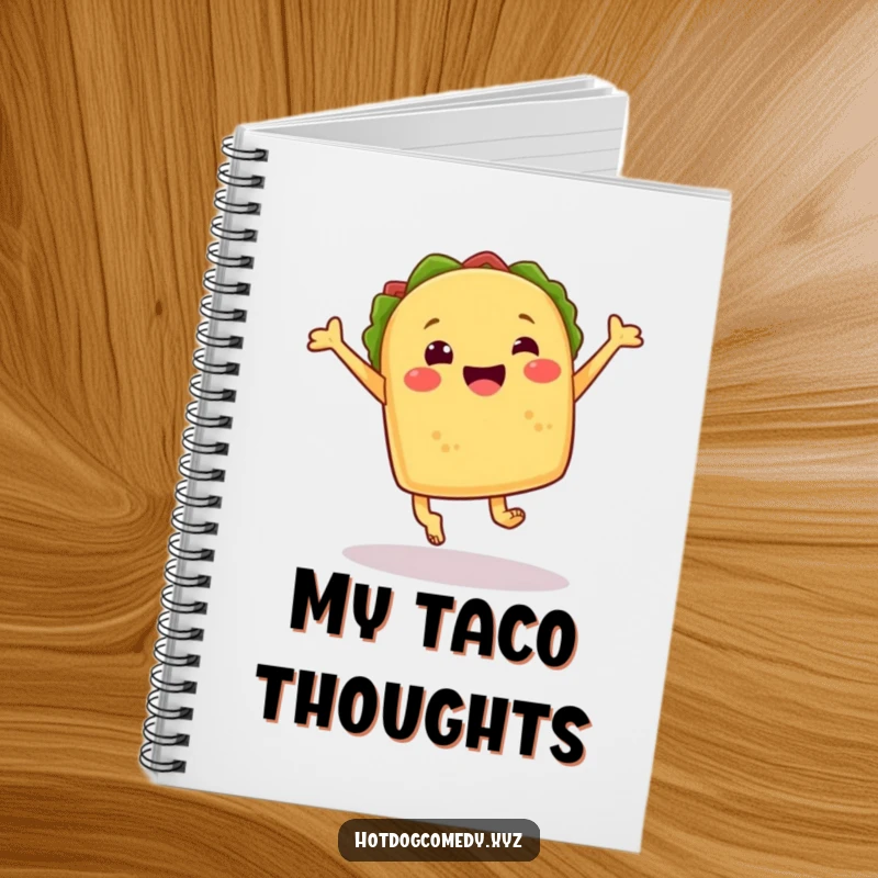 Funny cheerful taco with little feet joyfully leaping on a notebook cover, ready for writing, perfect for a funny gift.