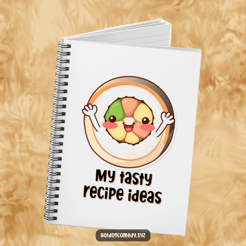 Funny cheerful, circular sushi roll with tiny arms waving happily on the cover of a foodie notebook.