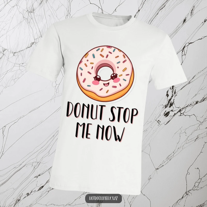 Funny delighted donut with sprinkles doing a little spin, wearing a t-shirt, great for a funny gift.