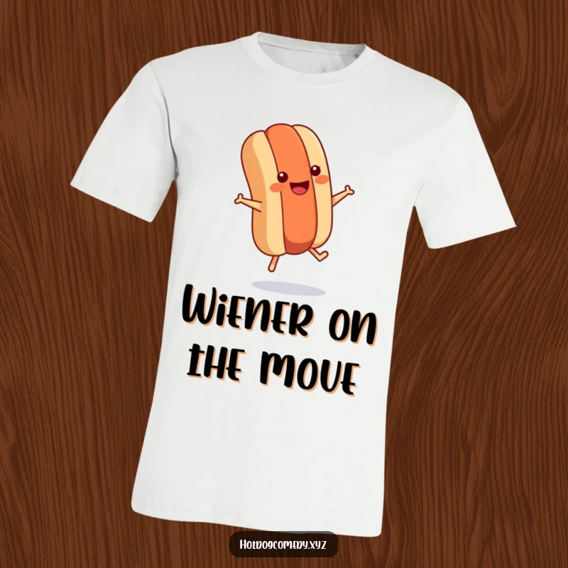 Funny hot dog with tiny legs energetically jumping rope, printed on a t-shirt for active food lovers and humorous style.